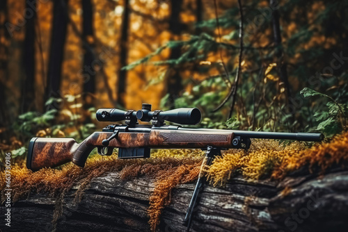 A rifle with a telescopic sight hunting in the forest. Hunters in forest with rifle guns. Gun violence and hunting concept.