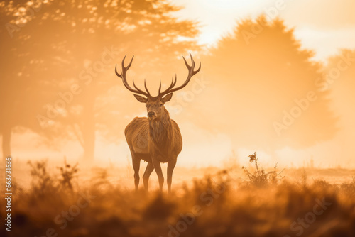 Red deer stag silhouette in the misty morning. Wildlife photography. Rare red beautiful stag in the forest.