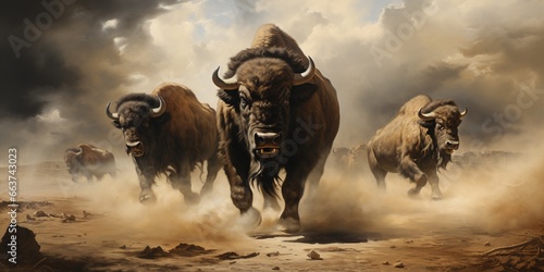 A Herd of buffalos stampedes across a barren landscape, a cloud of dust trailing behind them
