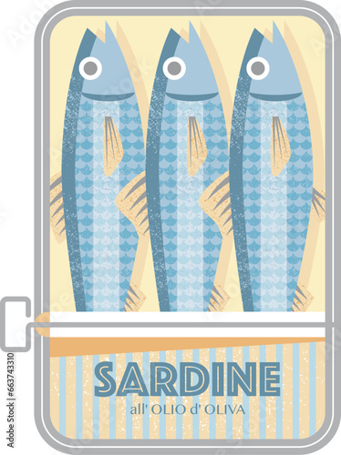 Tinned sardines in a mid century vintage geometric style vector illustration.