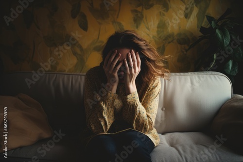 Exhausted mother covering her face in distress, Portrait woman in depression sitting on couch living room suffering from overwork and stress.