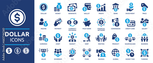 Dollar icon set. Money, wallet, payment, bank, fund, earnings, income, currency, business and more. Collection of solid icons, vector illustration pack.