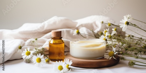 Self care card with organic cream, natural oil, aroma sticks, sleeping mask and wild flowers on white background.