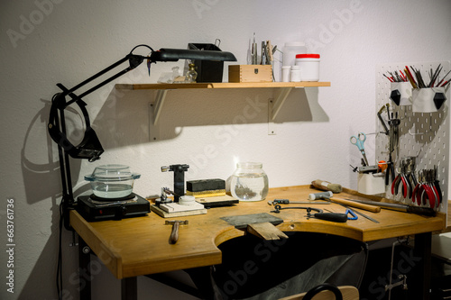 goldsmith workspace in jewelry atelier