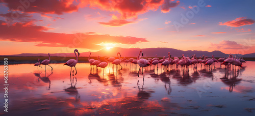 flamingos standing in shallow water at sunset with pink sky.