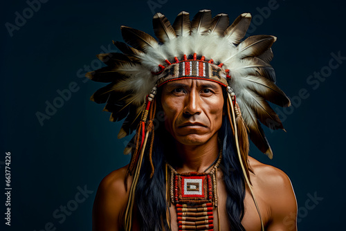 Amerindian Wearing Traditional Clothing And Headwear. Native Indigenous American Indian Man Portrait. Ai Generated 