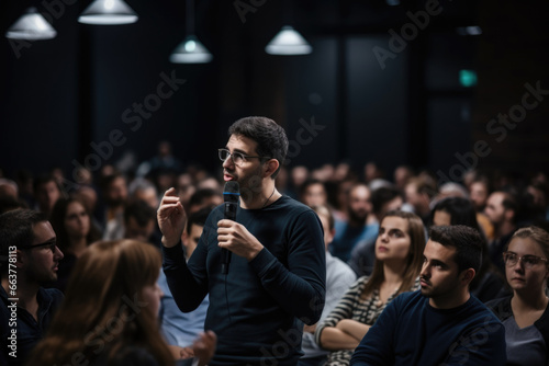 A man from the audience asks a question to the speaker.