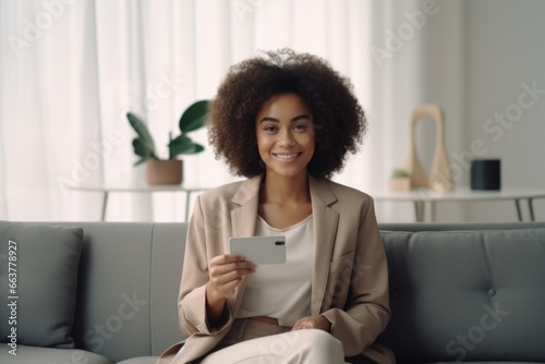 Smiling Woman Holding a Card in Her Hand. Fictional characters created by Generated AI.