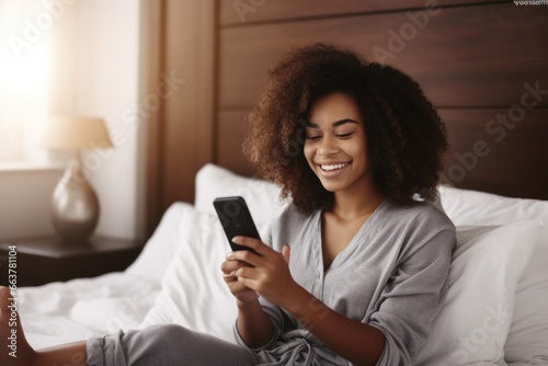 A woman enjoying her time on her phone while lying on her bed. Fictional characters created by Generated AI.