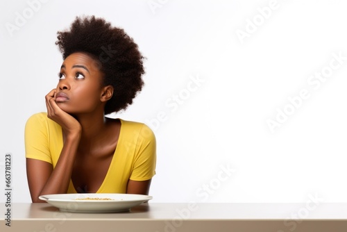 A woman pondering a plate of food. Fictional characters created by Generated AI.