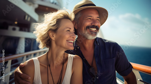 Happy smiling senior hispanic mexican couple on the deck of a cruise ship at sea