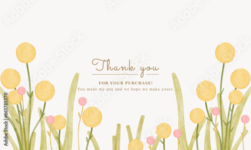 thank you card with watercolor billy button flowers and leaf. aesthetic floral background design for any greeting card, celebration card, wedding, invitation, shower announcement card
