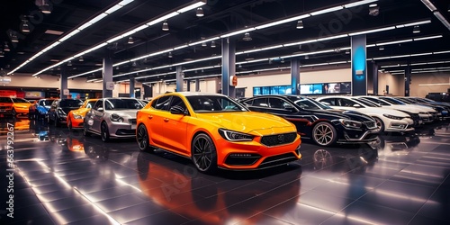 Car showroom parking of cars of various brands generative AI