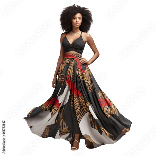 Black woman wearing maxi dress, on transparent background, African American, png file, isolated, white background with generative ai