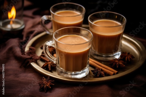 three teacups filled with rich, hot chai