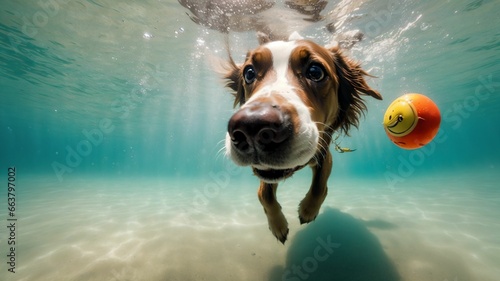 a dog swimming in the water with a ball in its mouth and a blurry background