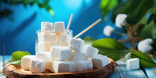 Food composition with white marshmallow on wooden sticks and palm leaves on a blue background with copy space. Summer vacation banner with traditional testy snacks for American open air picnic