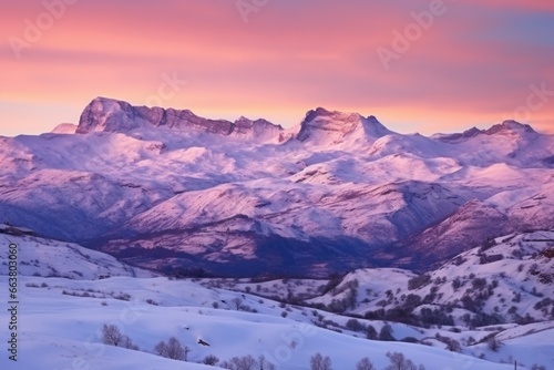 snowy mountains under pastel sunrise glow