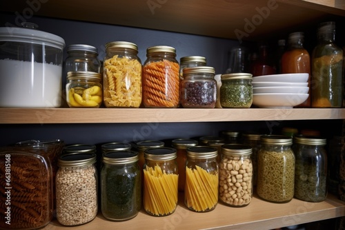 a modest pantry with canned goods and pasta