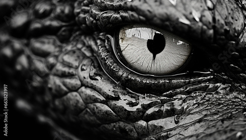 a black & white close shot, eye of an alligator 