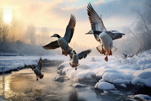 Flock of geese flying over a frozen river in winter, Flock of wild ducks flying over frozen river. Wildlife in winter season, AI Generated
