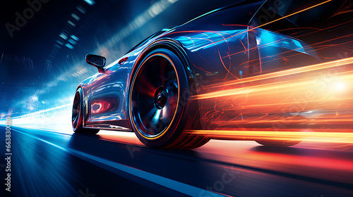 High-speed Sports Car Wheel in Motion with Blue Neon Light