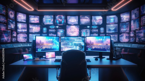 A hackers lair with multiple screens, showcasing simultaneous cyber intrusions