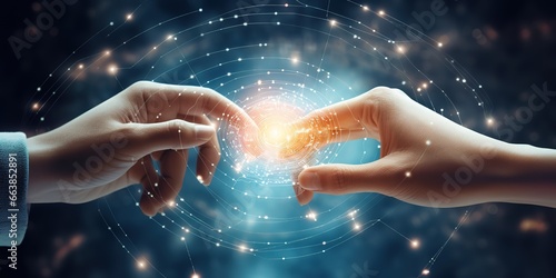 hand holding atomic particles, image of nuclear energy and network connection on meteorite space planet background.