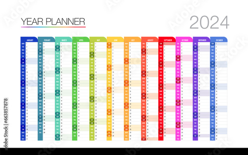  12 month year plan week and day color calendar template design for business