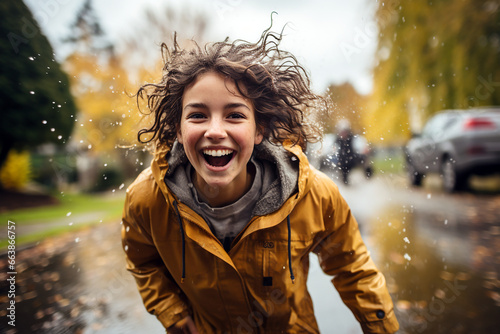 Young girl is having fun jumping into puddles wearing a yellow raincoat. 