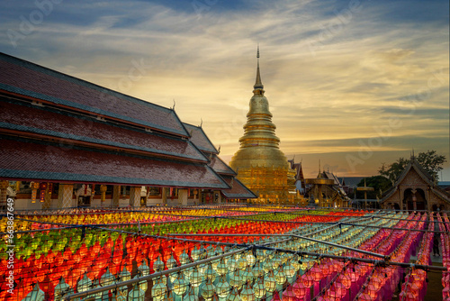 Colorful Lamp Festival and Lantern in Loi Krathong at Wat Phra That Hariphunchai, Lamphun Province Thailand....