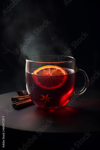 Glass of mulled wine on dark background