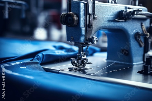 Closeup sewing machine working part textile. Needle equipment machinery industry cloth. Generate Ai