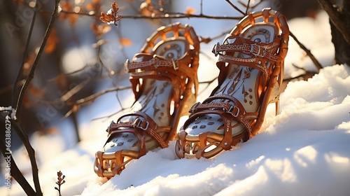 A pair of snowshoes leaning against a snowy tree.