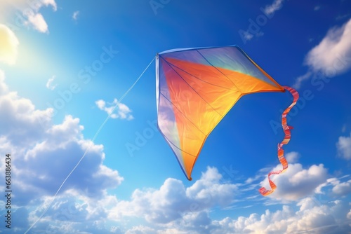 A vibrant kite soaring high in the clear blue sky. Perfect for outdoor activities and capturing the joy of flying kites
