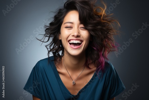 Retrato frontal de mujer joven sonriente de rasgos asiáticos sobre fondo neutral. Copy space.