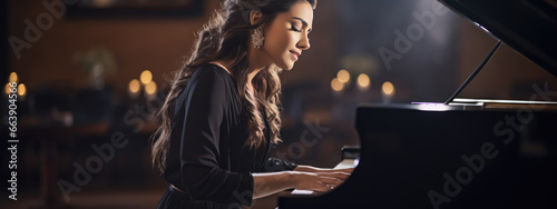 Female musician plays the piano during a concert