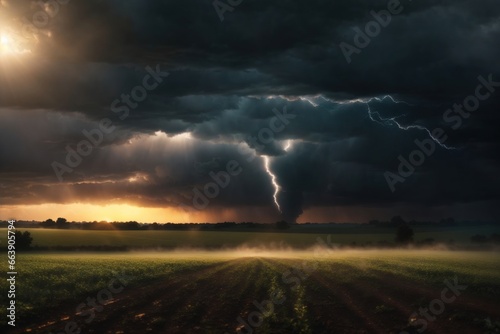 a field with a tornado realistic dark background. ai generative