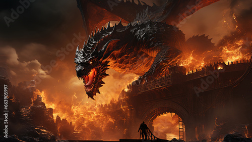 Big dangerous dragon attacking the bridge burning it down