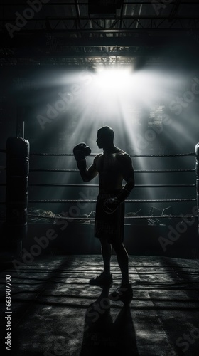 Silhouette of an unrecognizable boxer man sparring in a dark gym