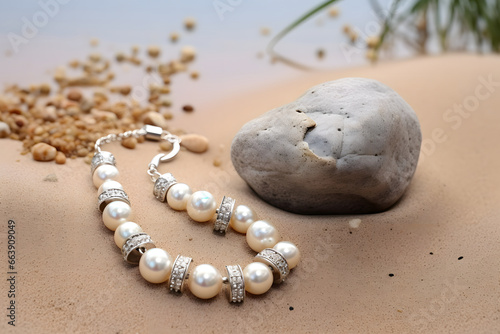 Beautiful Pearl Jewelry on white stones and sandNecklace and earrings made of silver.
