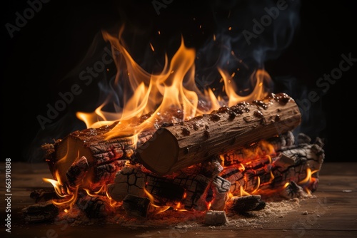 Burning firewood on a dark background. Close-up. Yule Log: A Cozy Winter Tradition