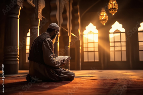 Islamic religious man reading holy book quran.