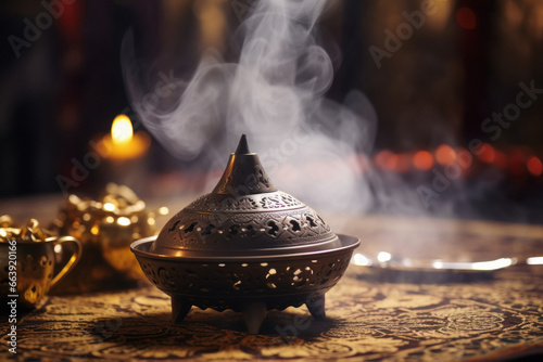 Small metal decorative Arabian incense burner censer with smoke