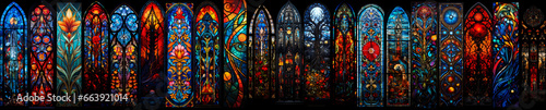 An ultra-wide collage of intricate stained-glass windows, each a masterpiece of radiant colors and intricate designs, showcasing the exquisite craftsmanship of the artisans who created them