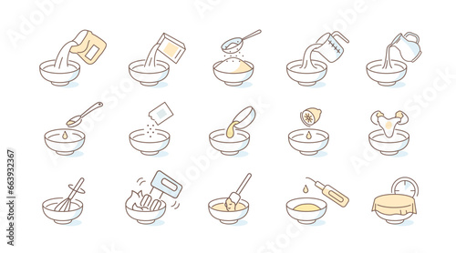 Preparation and cooking pastry dishes set. Basic baking supplies. Pour, add, mix ingredient for different recipes. Flat vector illustration isolated on white background.