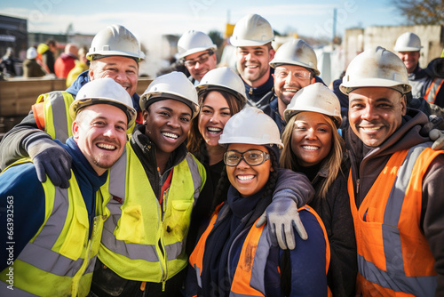 Group of male and female construction workers show unity at the construction site