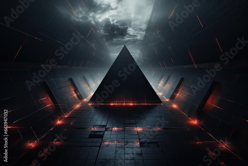 3d rendering of a dark corridor in a futuristic style with glowing lights, Futuristic High Tech dark background with a triangle, AI Generated