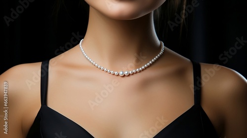 cropped photo of beautiful woman wearing pearl necklace.