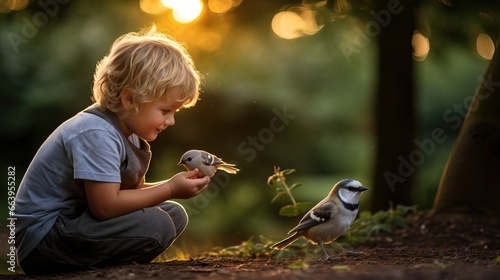 A little Male Child Feeding a Tiny Bir in a Huge Garden. Autumnal Season is coming, Animal Lover. Little Children Taking Care of his Bird.